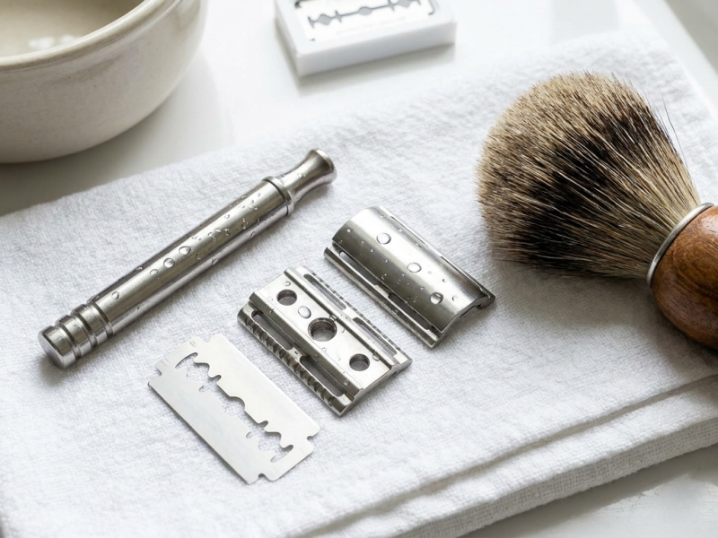 Disassembled stainless steel safety razor drying on a towel next to a shaving brush
