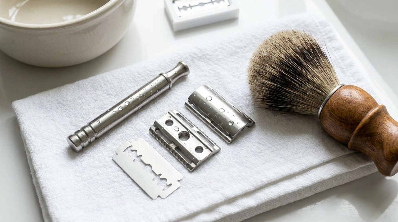 Disassembled stainless steel safety razor drying on a towel next to a shaving brush
