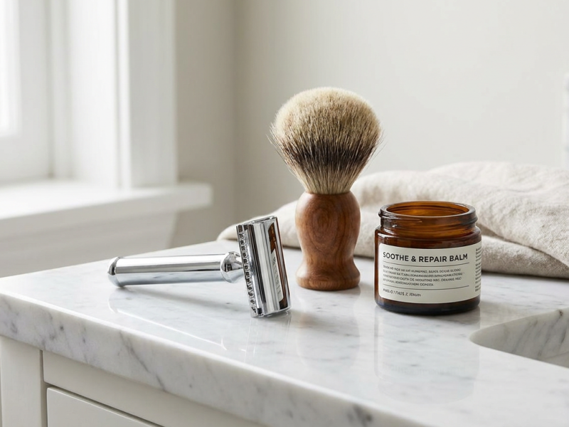 Safety razor, shaving brush, and soothing balm arranged on a clean bathroom counter