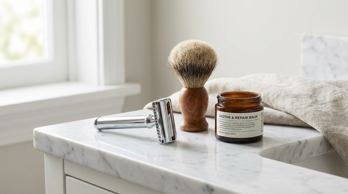 Safety razor, shaving brush, and soothing balm arranged on a clean bathroom counter