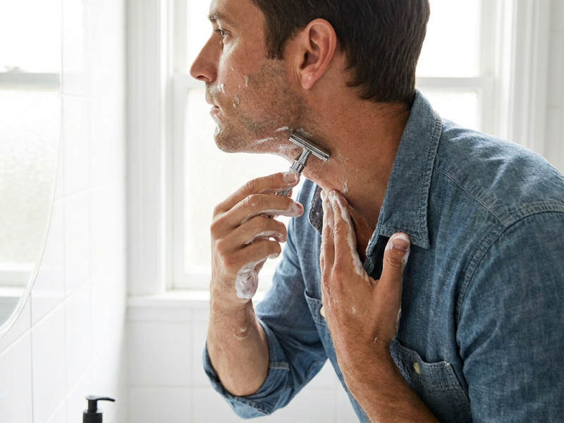 Man stretching his neck skin taut while shaving with a double edge safety razor and white lather