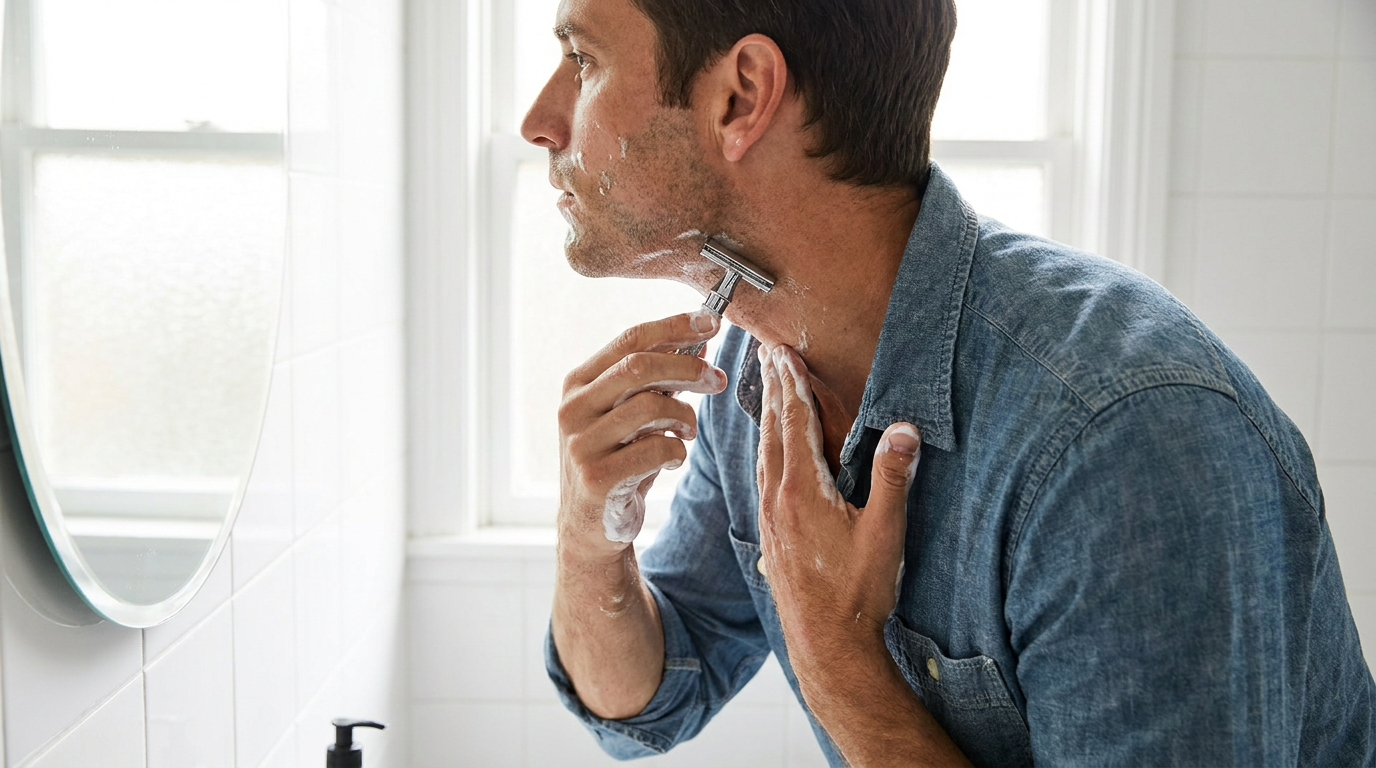 Man stretching his neck skin taut while shaving with a double edge safety razor and white lather