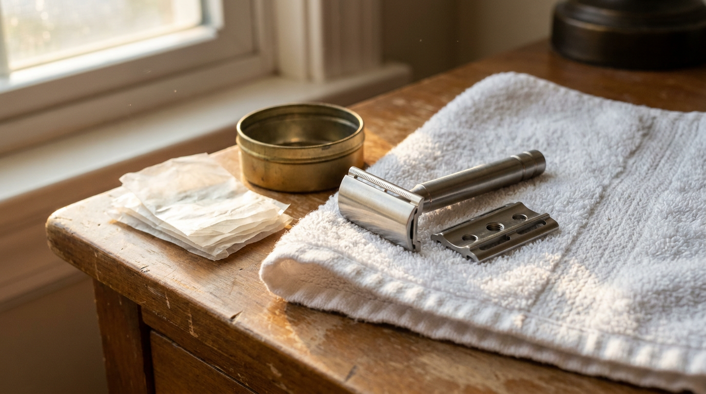 How to store razor blades: a disassembled stainless steel safety razor on a dry white towel beside a small metal blade tin and wrapped blade packets