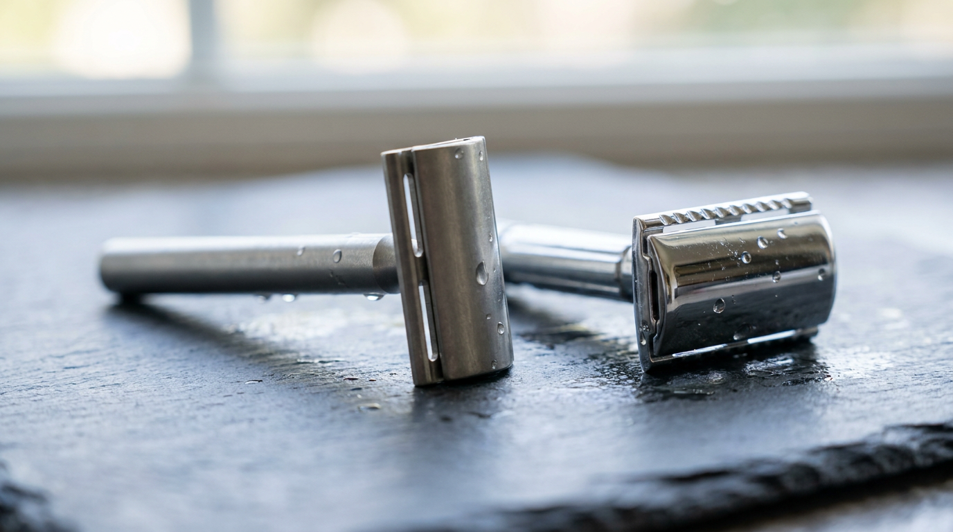 Injector blades vs double edge: a single edge injector razor beside a chrome double edge safety razor on slate