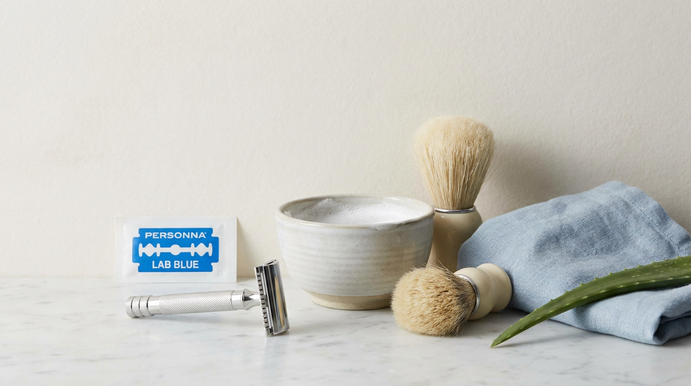 Personna Lab Blue double edge razor blade pack next to a chrome safety razor