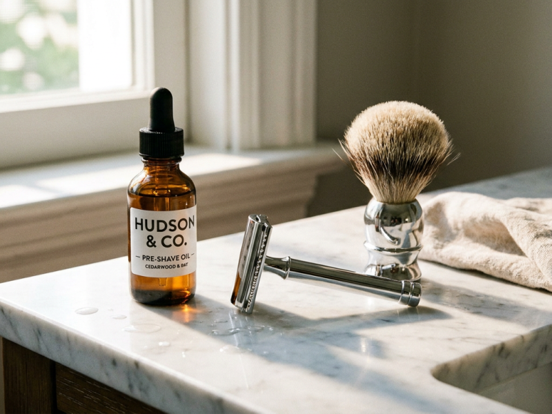 Pre shave oil bottle next to a safety razor and shaving brush on a bathroom counter