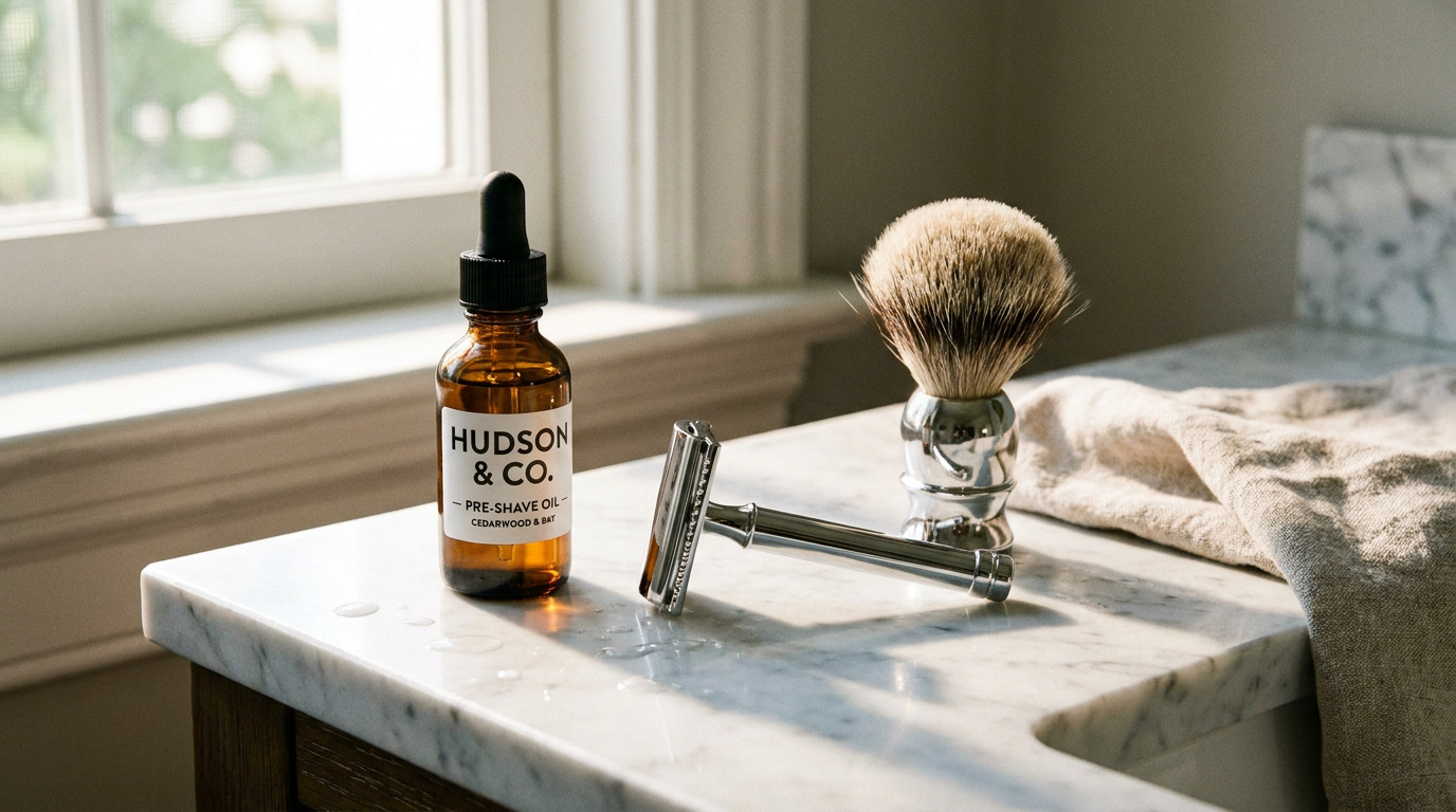 Pre shave oil bottle next to a safety razor and shaving brush on a bathroom counter
