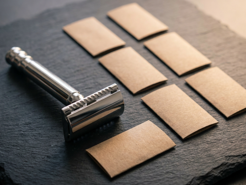 Razor blade sampler pack: unmarked double edge blade sleeves laid out beside a chrome safety razor