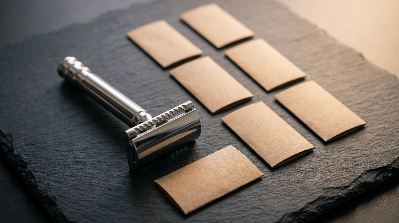 Razor blade sampler pack: unmarked double edge blade sleeves laid out beside a chrome safety razor
