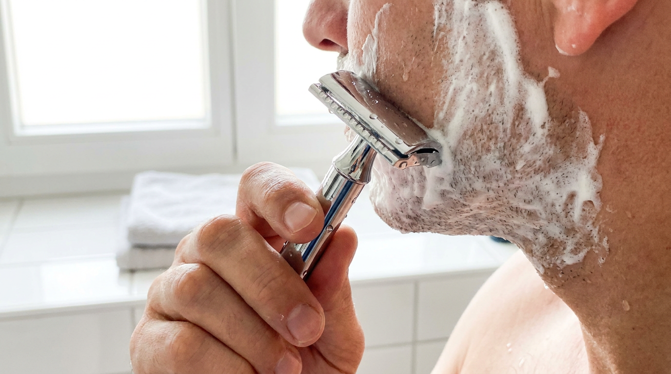 Correct safety razor angle shown against a lathered cheek during a shave
