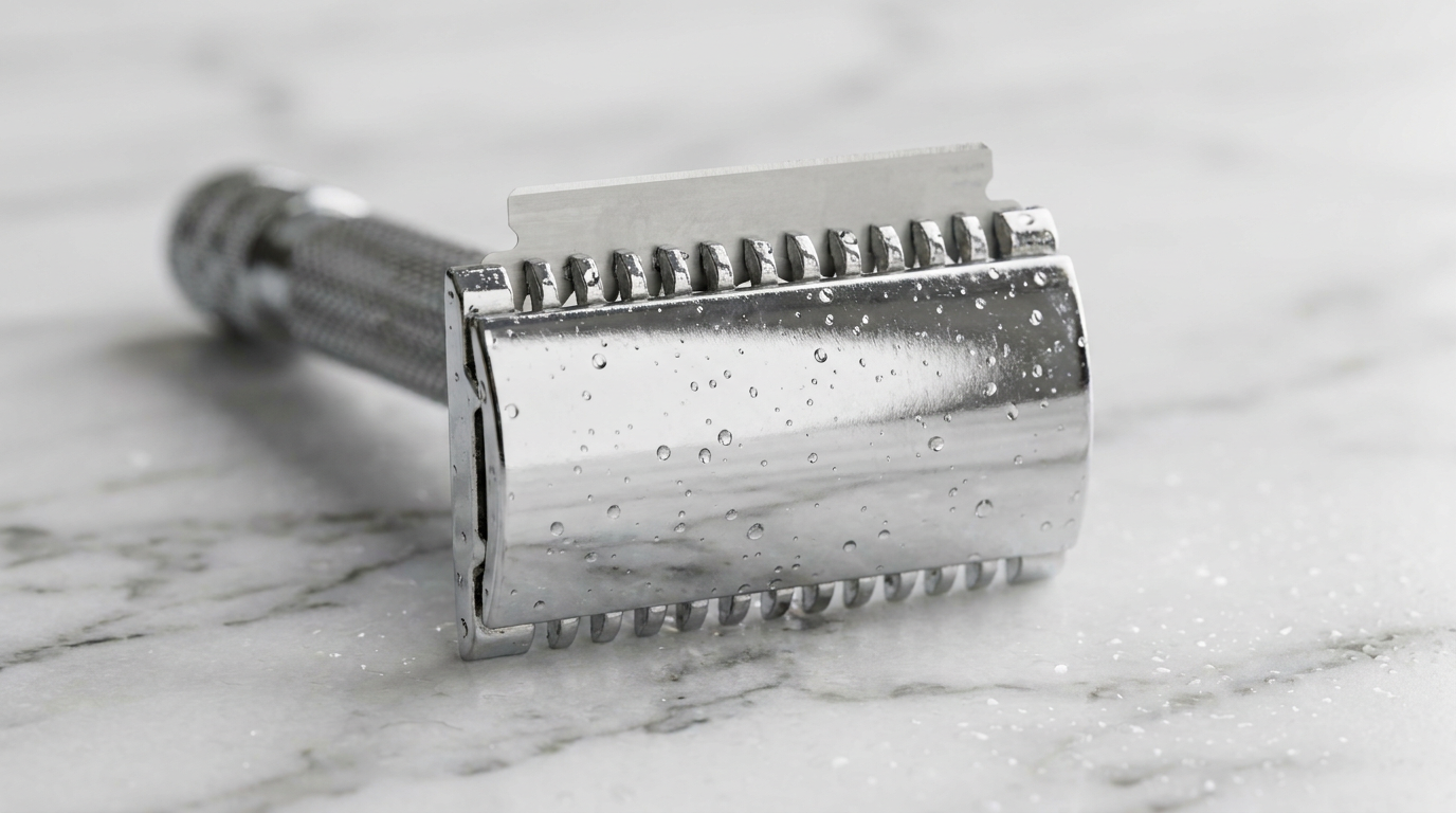 safety razor blade gap visible on a chrome double edge razor head close-up