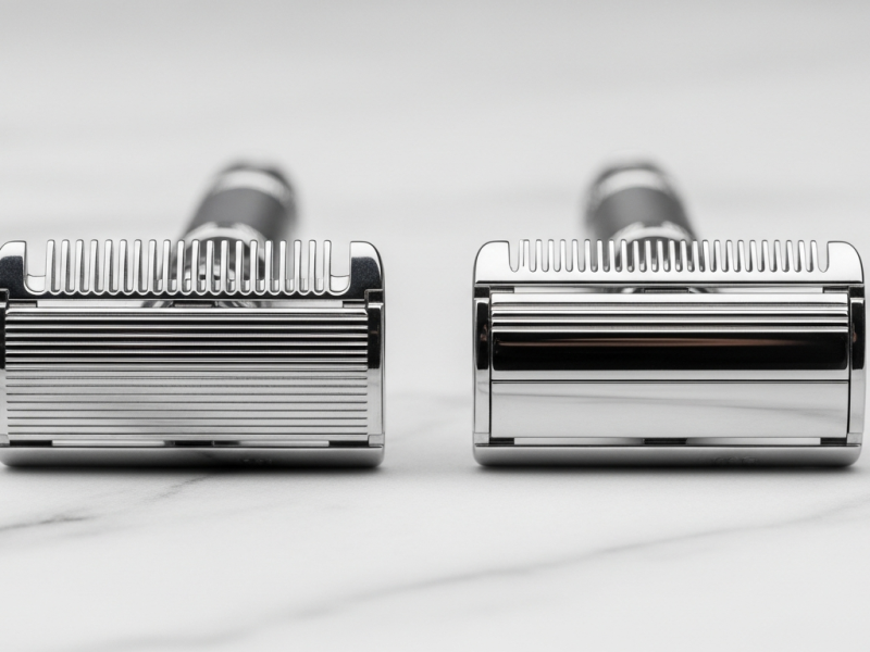 Open comb and closed comb safety razor heads shown side by side