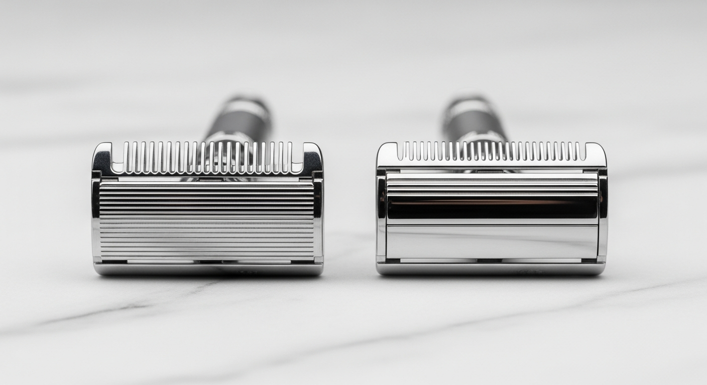 Open comb and closed comb safety razor heads shown side by side