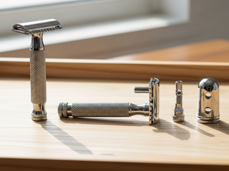 One piece twist to open safety razor next to a disassembled three piece safety razor