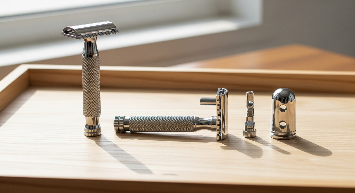One piece twist to open safety razor next to a disassembled three piece safety razor