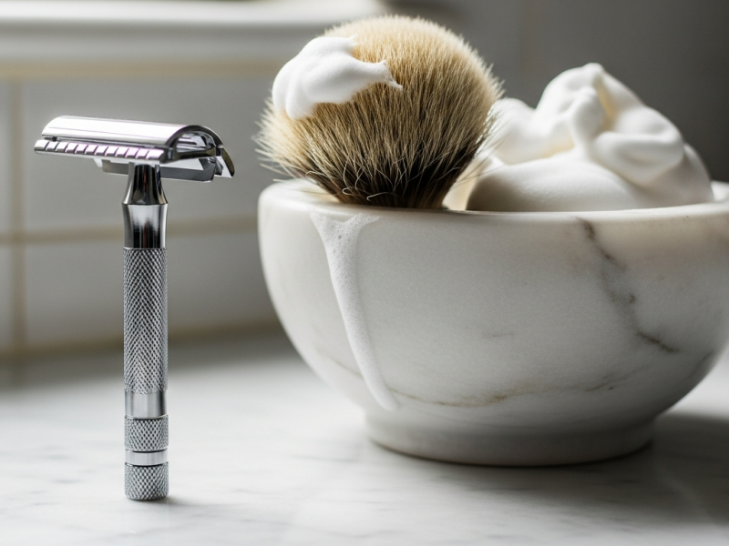 Chrome Edwin Jagger DE89 double edge safety razor resting on a bathroom counter