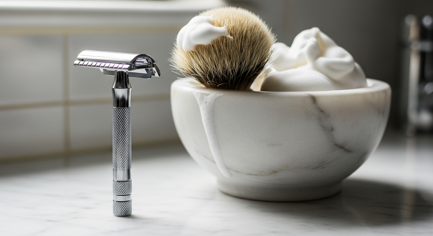 Chrome Edwin Jagger DE89 double edge safety razor resting on a bathroom counter