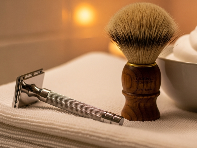 Stainless steel double-edge safety razor with shaving brush and lather bowl