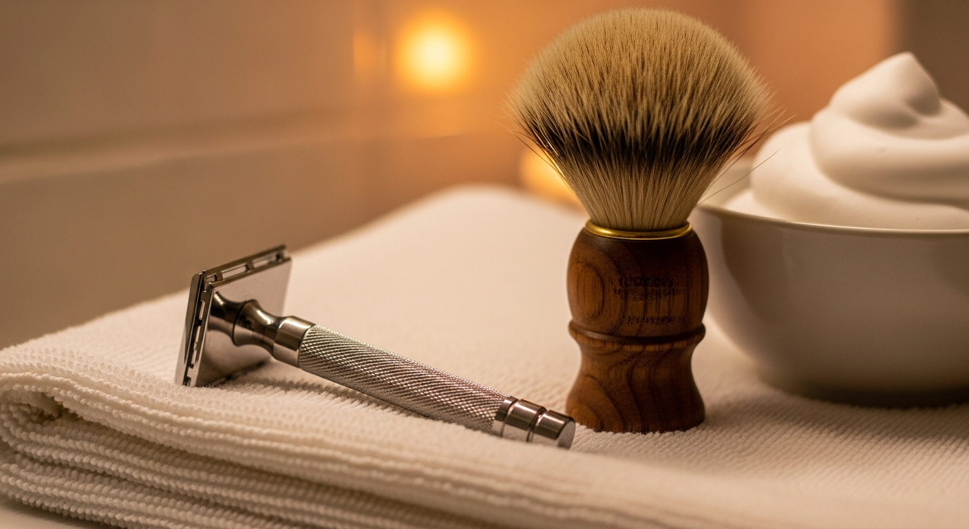 Stainless steel double-edge safety razor with shaving brush and lather bowl