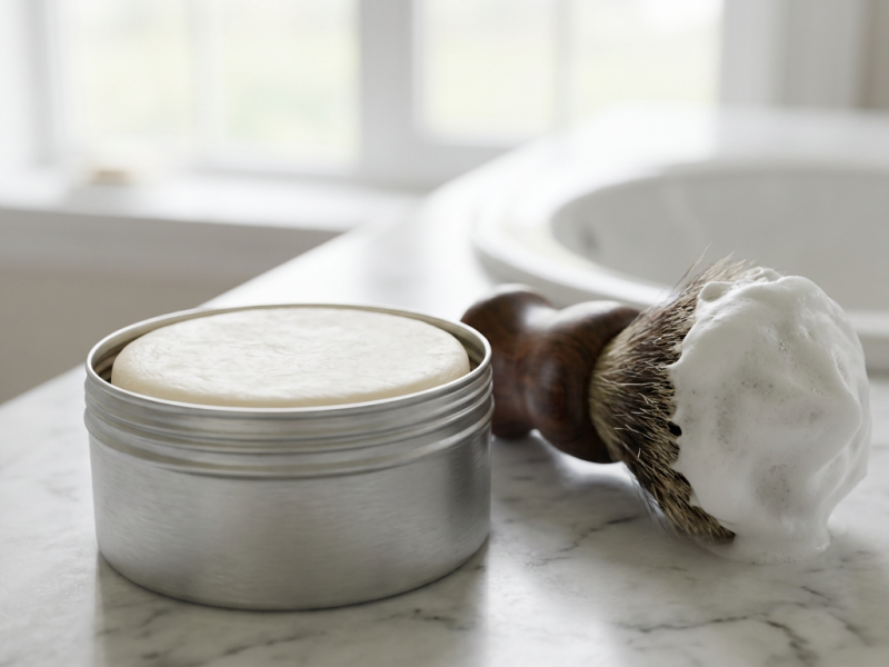 Shaving soap puck in an open tin beside a brush loaded with thick lather, comparing tallow vs vegan shaving soap performance