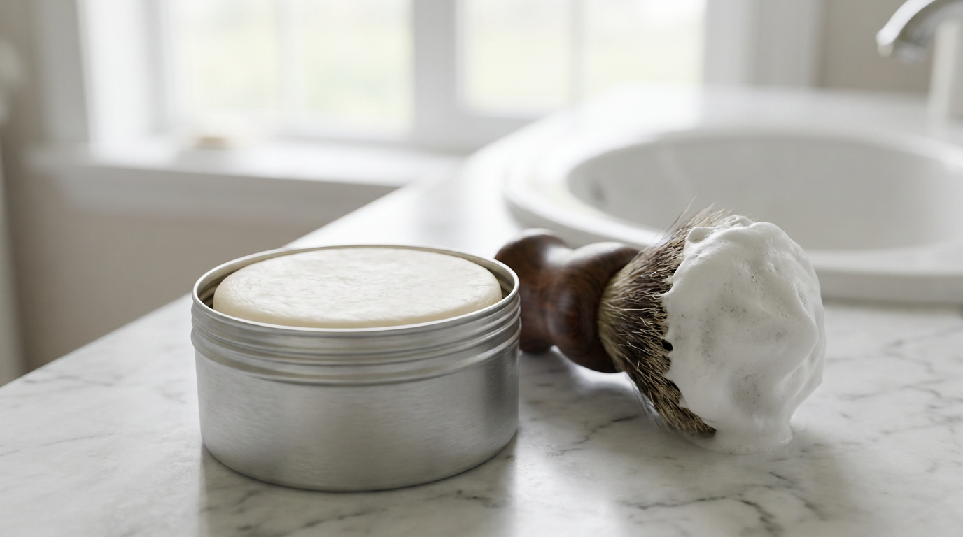 Shaving soap puck in an open tin beside a brush loaded with thick lather, comparing tallow vs vegan shaving soap performance