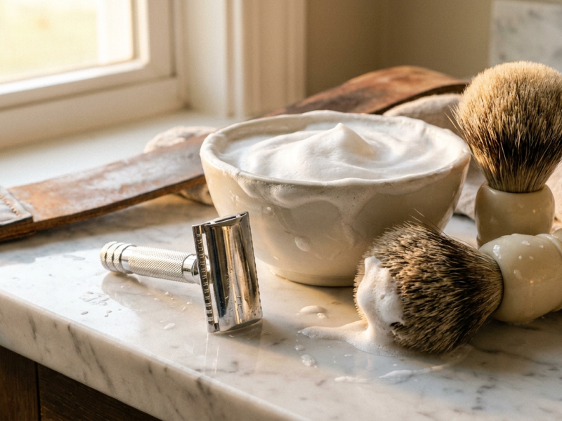 Safety razor and fresh lather set up for a three pass shave