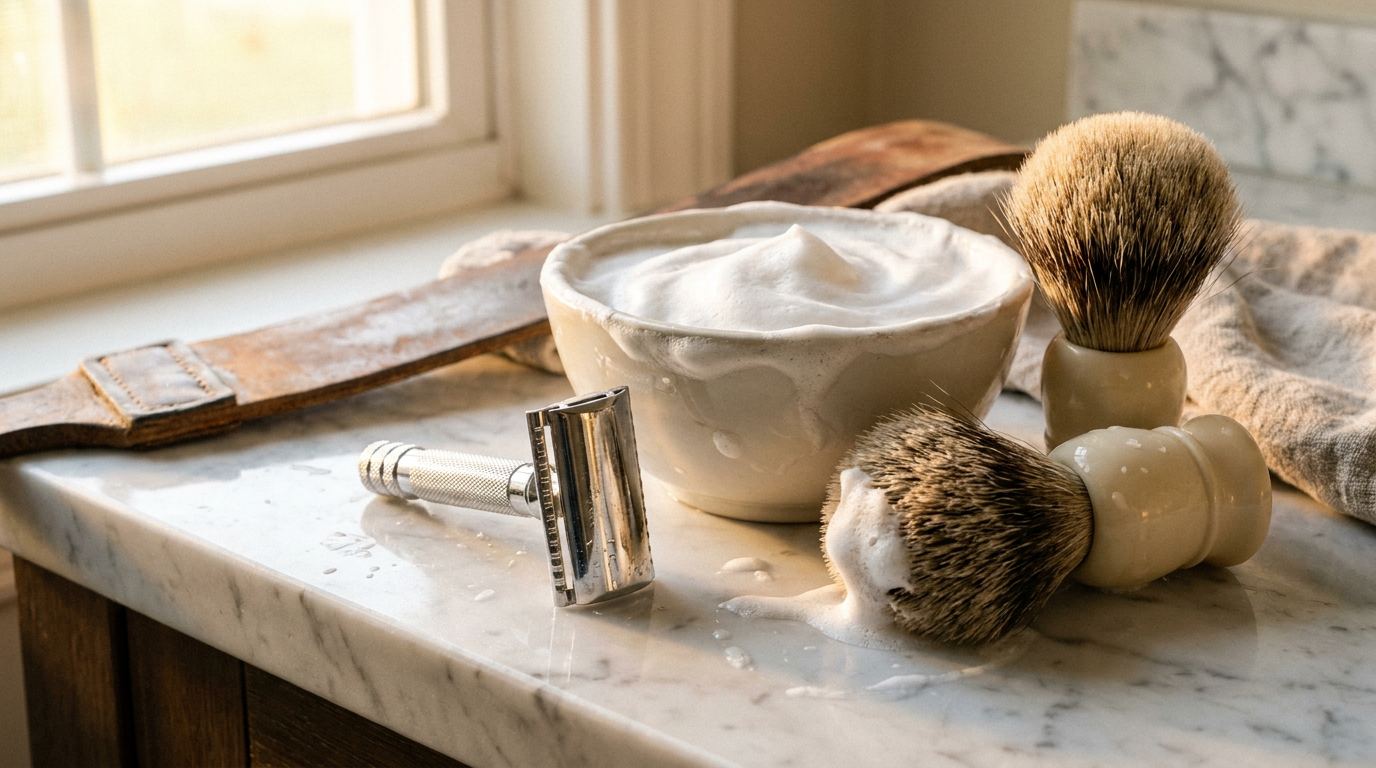 Safety razor and fresh lather set up for a three pass shave