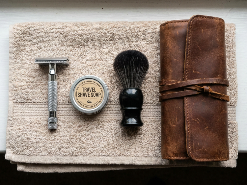 Travel wet shave kit laid out on a towel with razor, soap tin, and brush