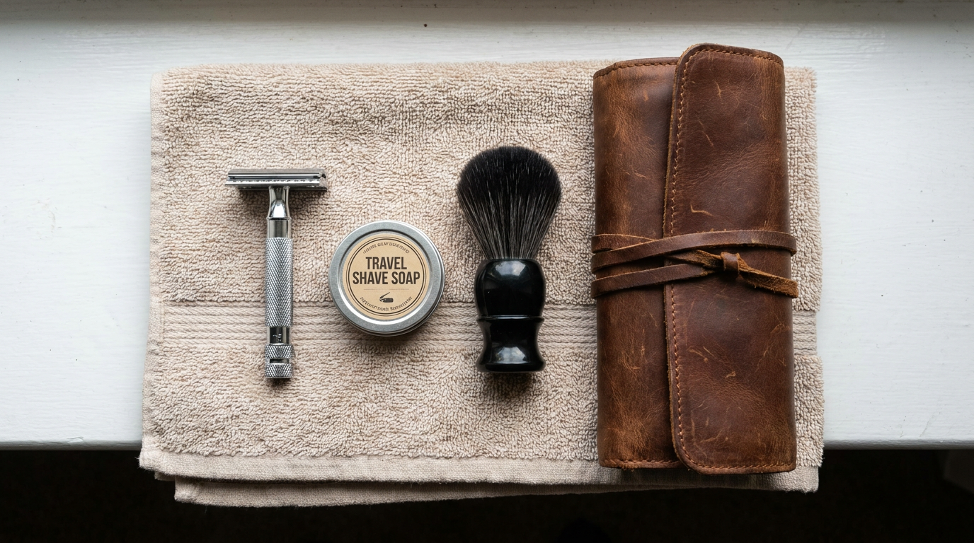 Travel wet shave kit laid out on a towel with razor, soap tin, and brush