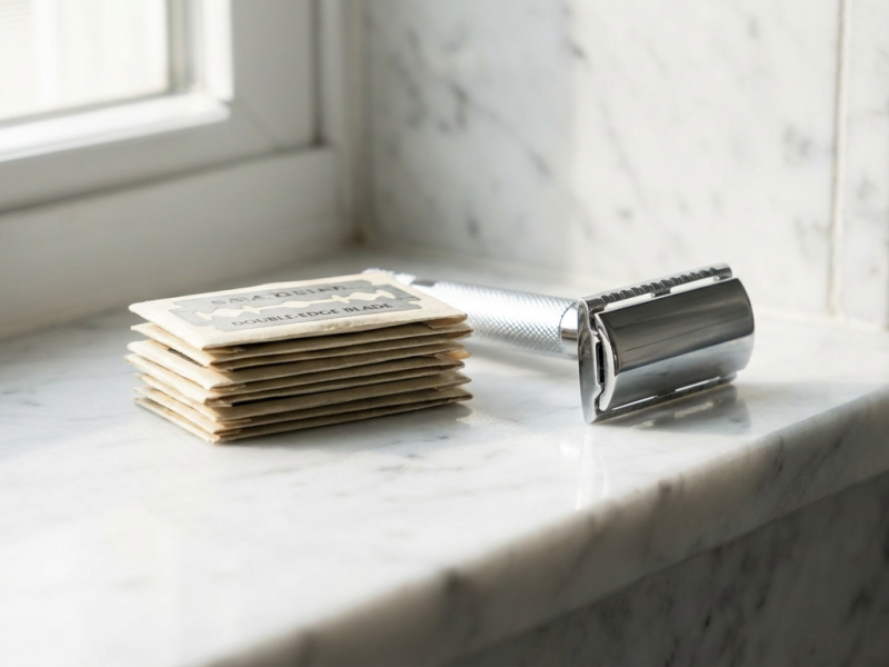 Double edge razor blades with a classic chrome safety razor on a bathroom shelf