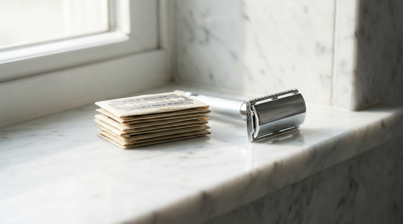 Double edge razor blades with a classic chrome safety razor on a bathroom shelf