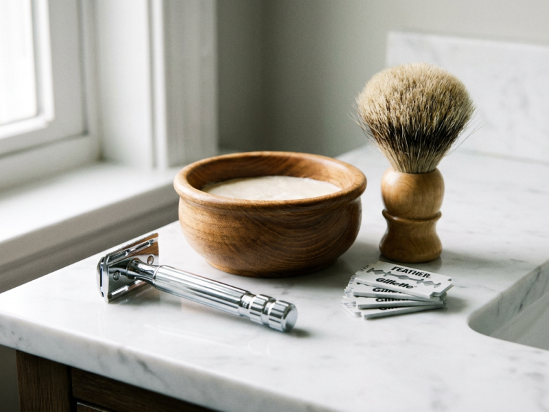 Chrome safety razor, shaving soap puck, badger brush, and stacked double edge blades on a bathroom shelf