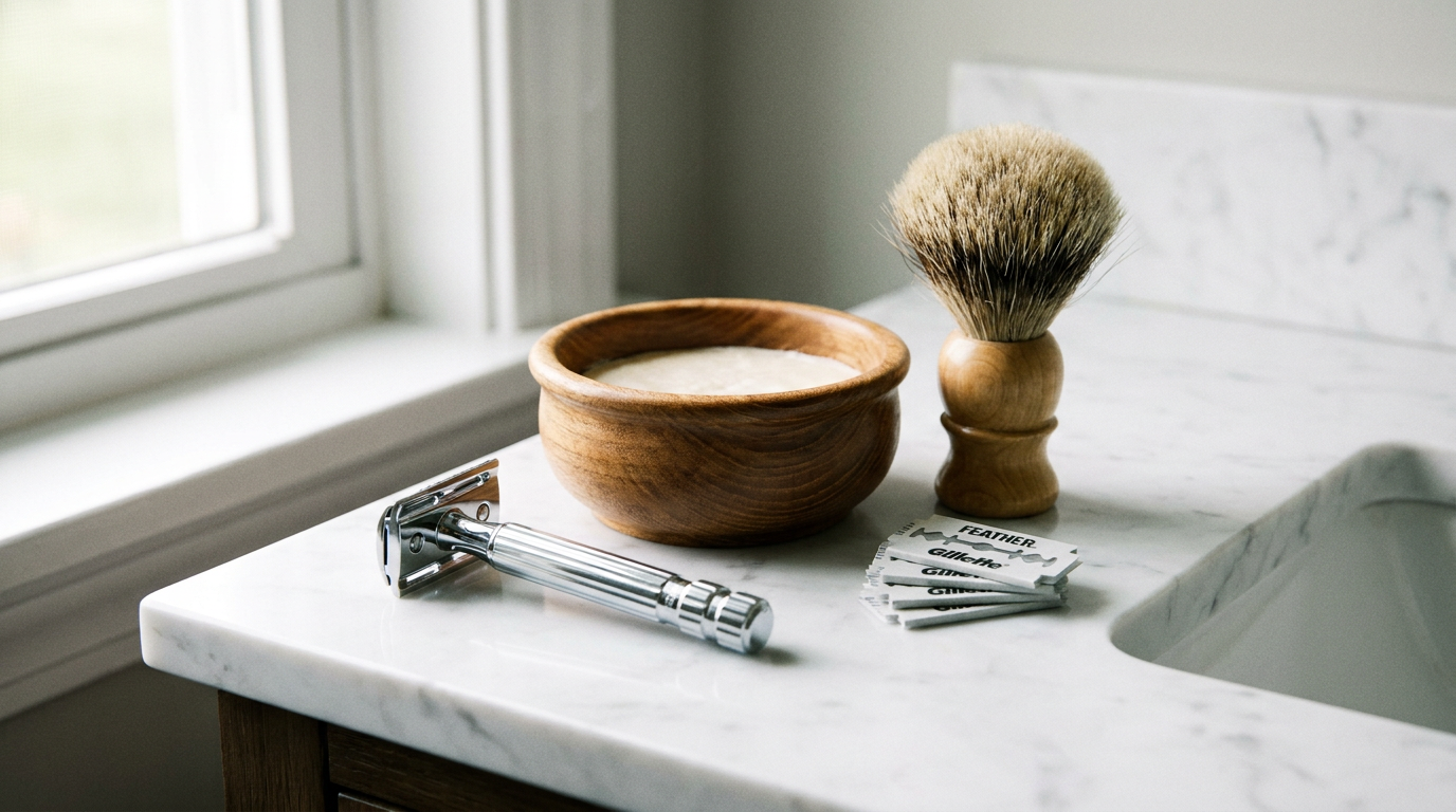 Chrome safety razor, shaving soap puck, badger brush, and stacked double edge blades on a bathroom shelf