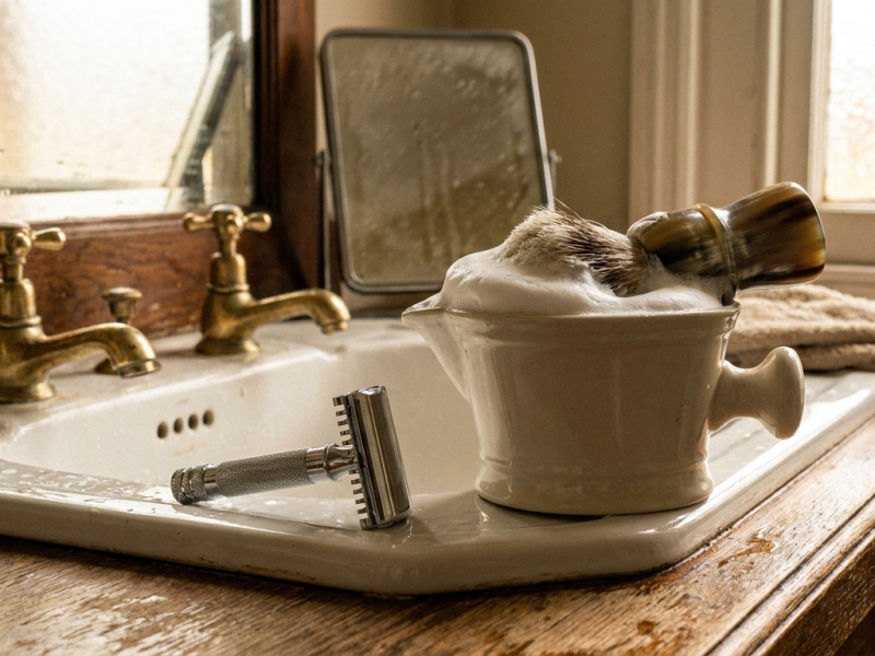 Safety razor, badger brush, and bowl of shaving lather on a bathroom sink