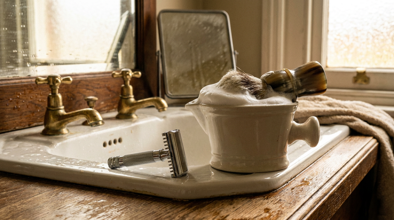 Safety razor, badger brush, and bowl of shaving lather on a bathroom sink