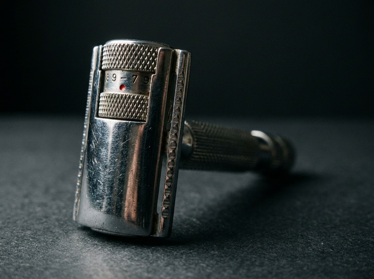 Close-up of the numbered adjustment dial on a chrome double-edge safety razor