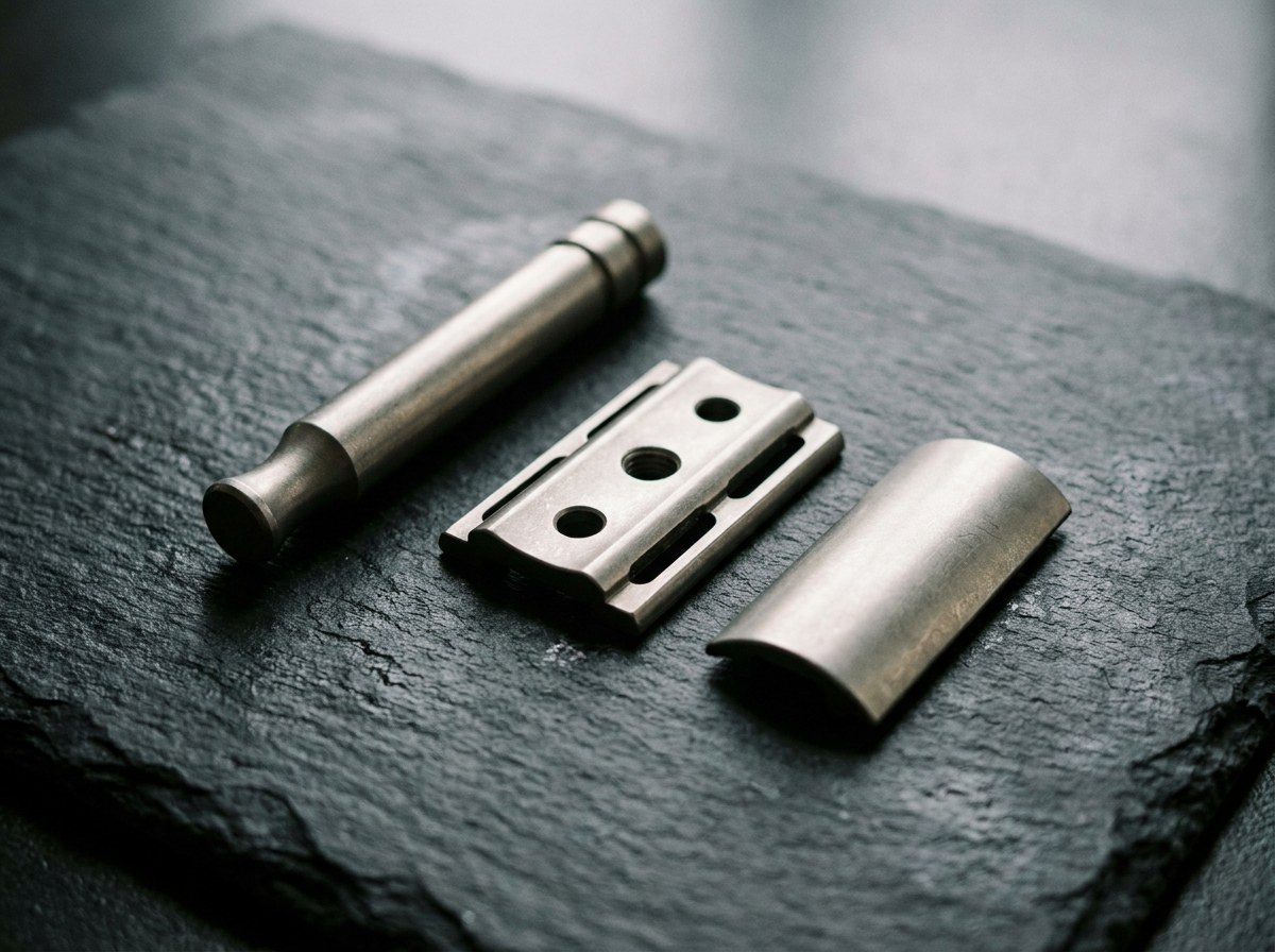 A double-edge safety razor disassembled into handle, baseplate and top cap