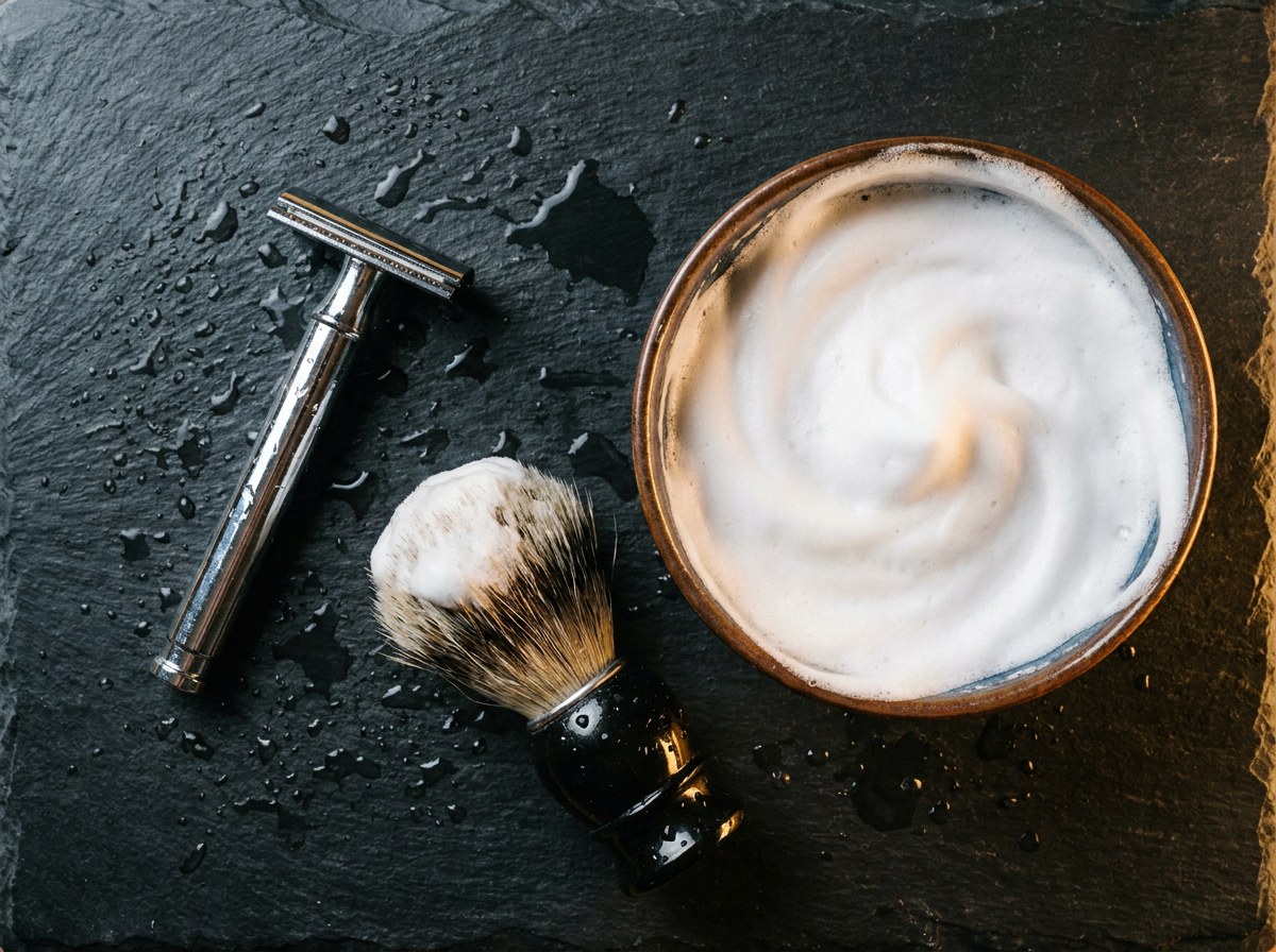 Wet shaving flat lay with a chrome safety razor, badger brush and bowl of lather on dark slate