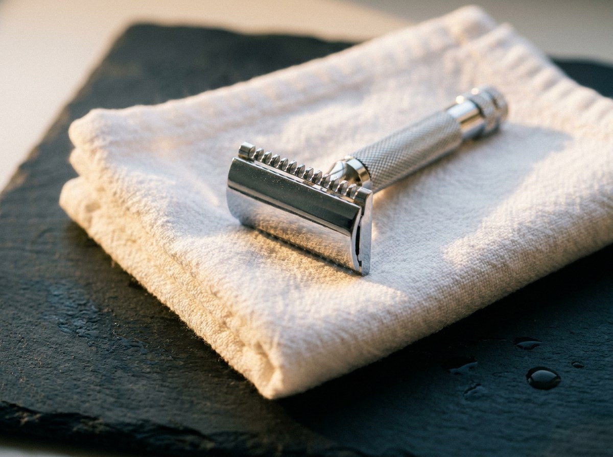 Plain chrome three-piece safety razor with a closed comb head resting on a white towel