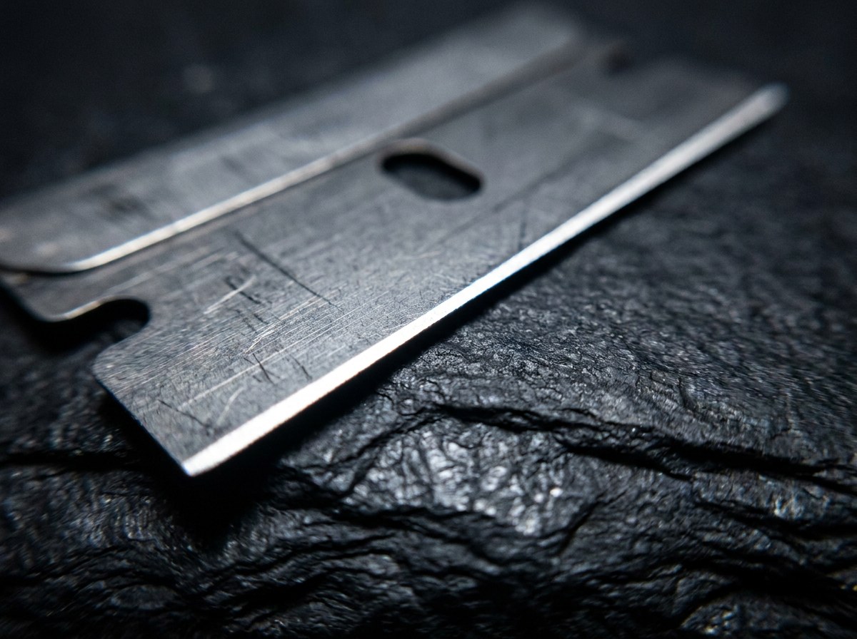 Extreme macro of a double edge razor blade edge catching the light on dark slate