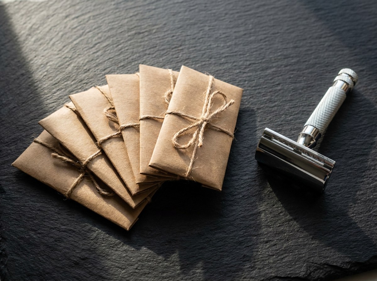 Flat lay of wrapped razor blade packets fanned out beside a chrome safety razor head