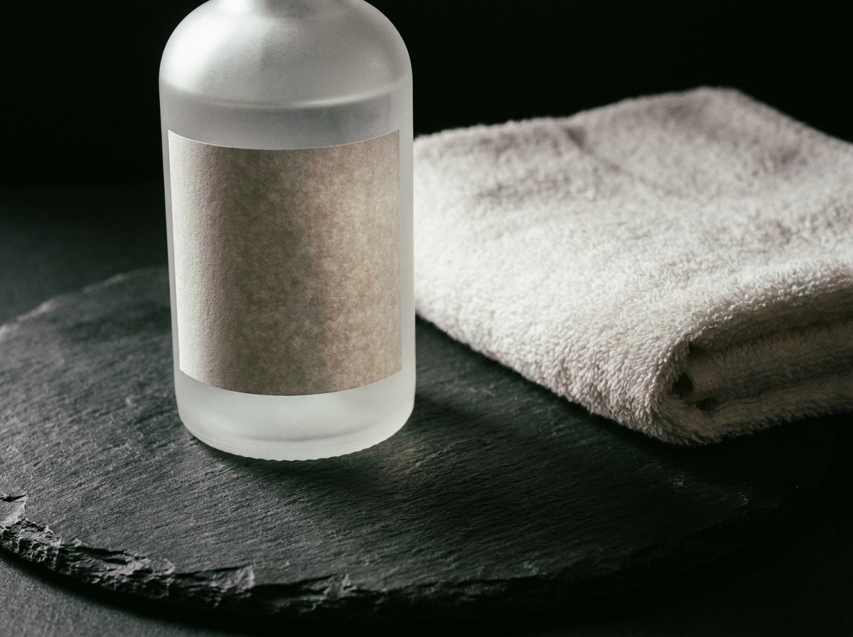 A plain frosted glass aftershave bottle beside a folded white towel on dark slate