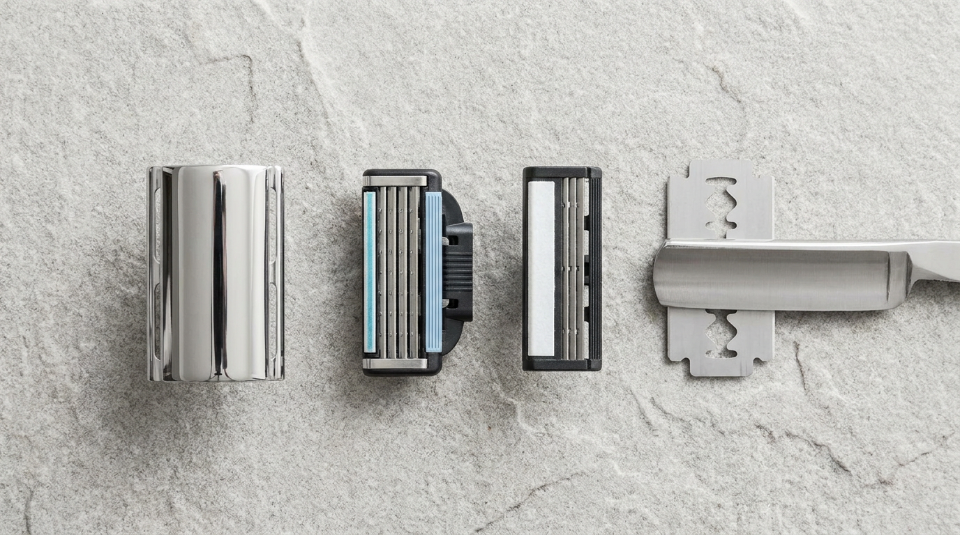 Double edge razor blades in paper wrappers beside an open safety razor