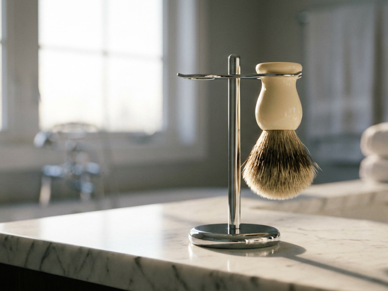 Best shaving brush stand holding a badger shaving brush knot down to dry on a bathroom counter