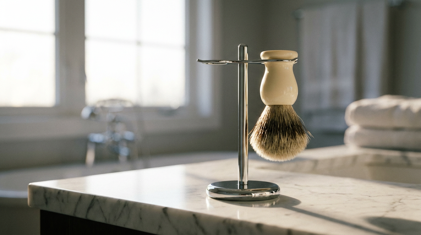 Best shaving brush stand holding a badger shaving brush knot down to dry on a bathroom counter
