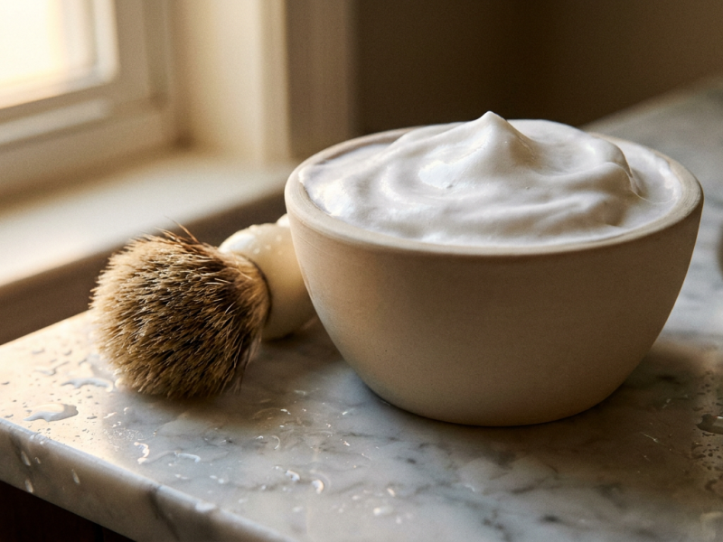 Plain unmarked tub of shaving soap with a thick lather and badger brush, best shaving soap for beginners setup