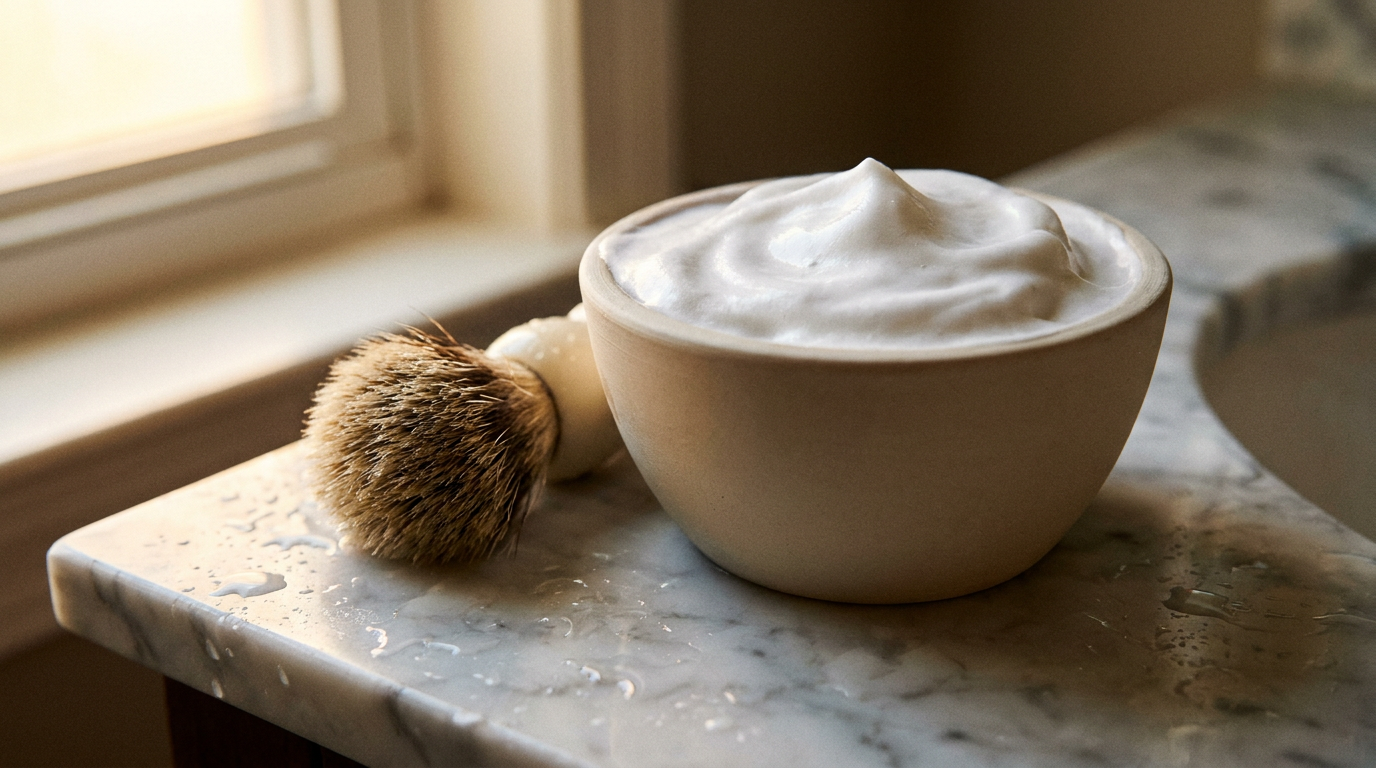 Plain unmarked tub of shaving soap with a thick lather and badger brush, best shaving soap for beginners setup