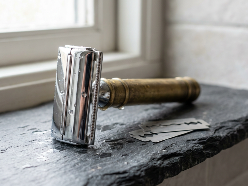 Bevel safety razor with a heavy brass handle standing on a dark bathroom shelf beside double edge blades