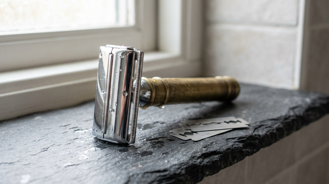 Bevel safety razor with a heavy brass handle standing on a dark bathroom shelf beside double edge blades