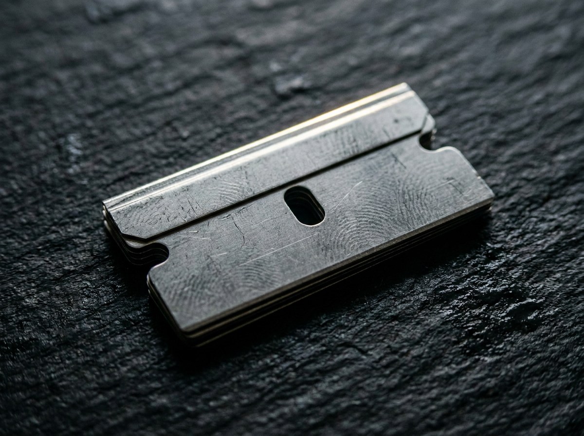 Macro photograph of a single double edge razor blade on textured dark slate